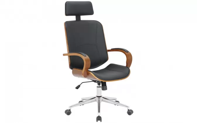 Fotel biurowy obrotowy DAYE skorupa gięte drewno orzech siedzisko ekoskóra CZARNA zagłowek