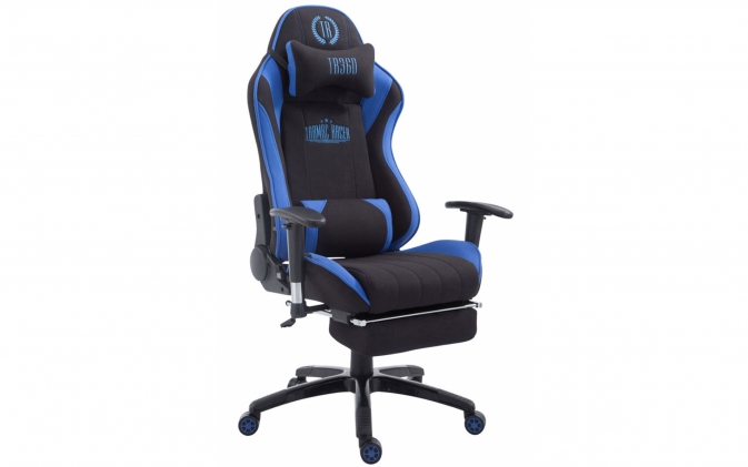 Fotel biurowy gamingowy kubełkowy SHINE podnóżek tapicerka materiałowa CZARNO-NIEBIESKA