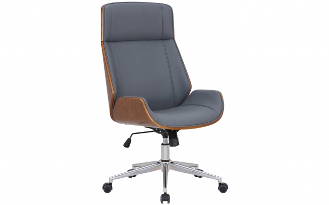 obrotowy fotel biurowy z drewna orzechowego i szarej ekoskóry KABUL