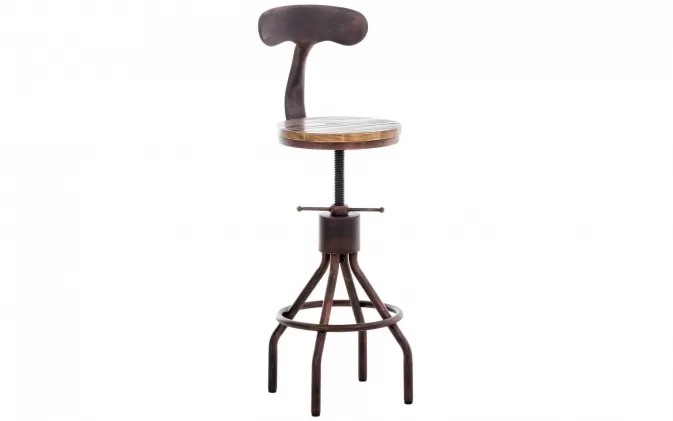 Stołek barowy HAN industrialny BRĄZ z siedziskiem z drewna z oparciem metalowym
