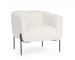 Biały fotel CLAUDINE Bouclé – elegancki fotel z tapicerką bouclé, stalowe nogi, nowoczesny styl