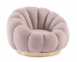 Różowy fotel obrotowy FLOREL ANTIQUE elegancki bouclé, złota dekoracja i komfortowy obrót 360°