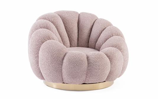 Różowy fotel obrotowy FLOREL ANTIQUE elegancki bouclé, złota dekoracja i komfortowy obrót 360°