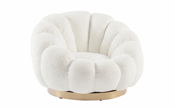 Biały fotel obrotowy FLOREL ANTIQUE elegancki bouclé, złota dekoracja i komfortowy obrót 360°