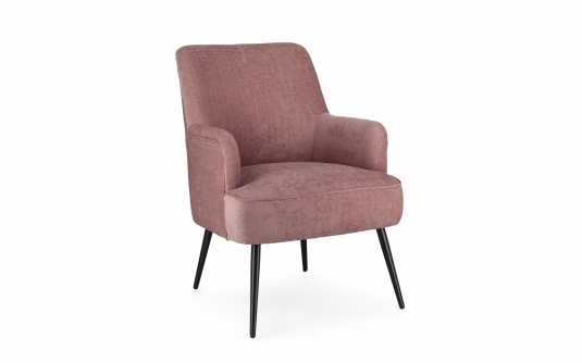 Różowy fotel ERNESTINE nowoczesny design, stalowe nogi i miękka tapicerka