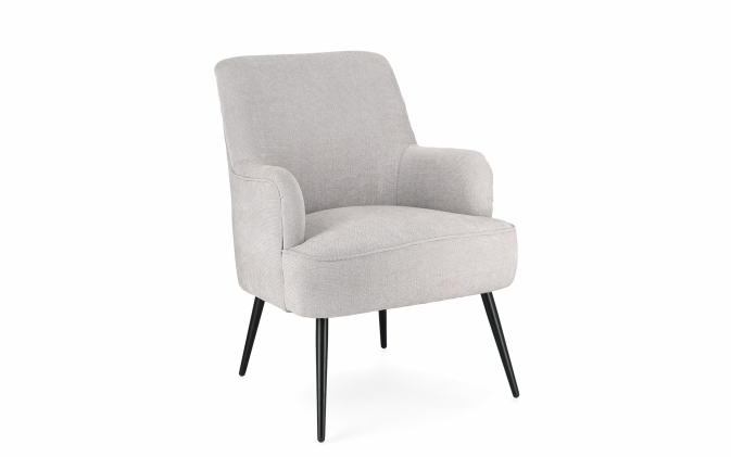 Jasnoszary fotel ERNESTINE nowoczesny design, stalowe nogi i miękka tapicerka
