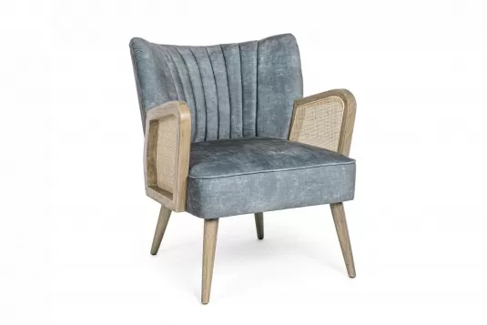 Niebieski fotel vintage VIRNA bizotto zamasz i rattan