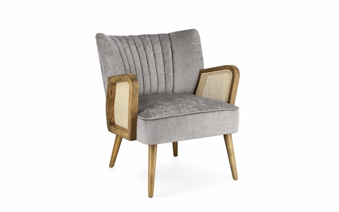 Szary fotel vintage VIRNA bizotto zamasz i rattan