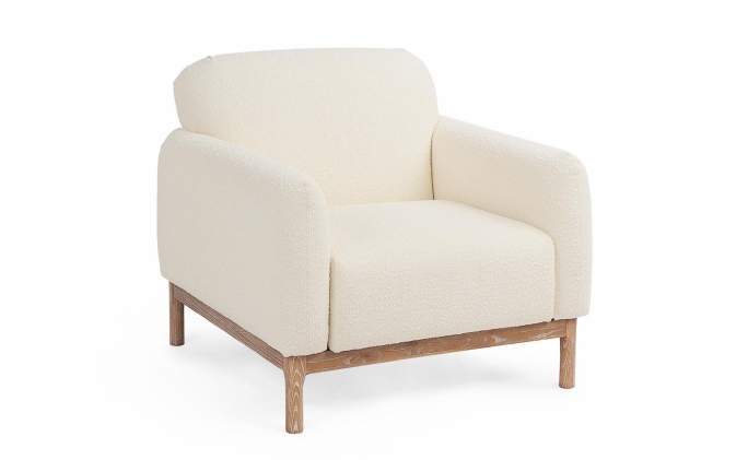 Kremowy fotel DETROIT Bouclé – designerski fotel do salonu z drewnianą ramą i tapicerką Bizzotto