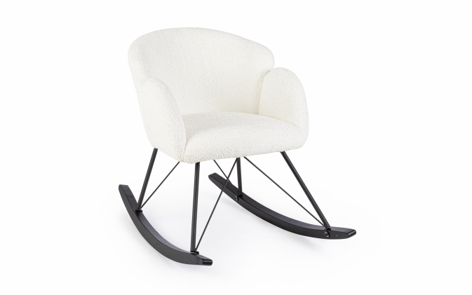 Biały fotel bujany SIBILLA Bizzotto – nowoczesny fotel z tapicerką bouclé i stalowo-drewnianymi nogami