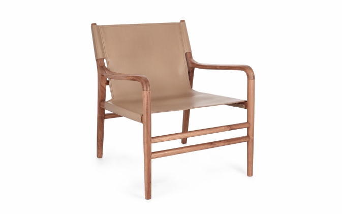 Taupe fotel lounge CAROLINE Bizzotto – teakowe drewno i skórzane wykończenie, fotel z naturalnej skóry
