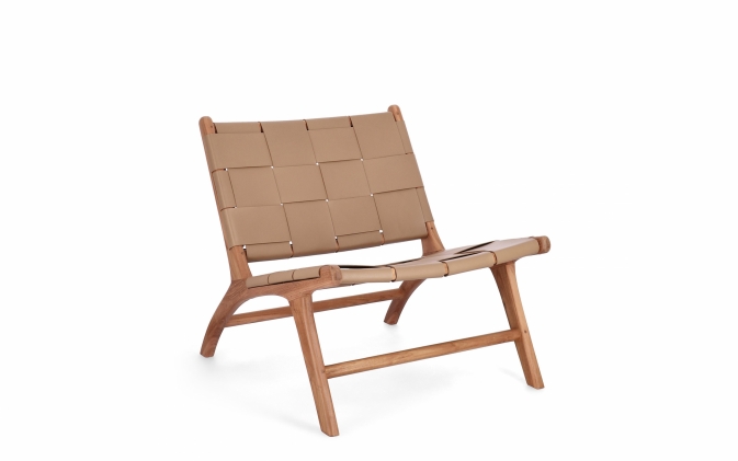 Jasnobrązowy fotel lounge JOANNA – drewno teakowe i naturalna skóra licowa,