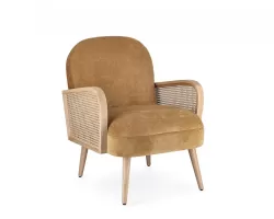 Bursztynowy fotel DALIDA – aksamitny welur, drewno i rattan, elegancja i komfort od Bizzotto