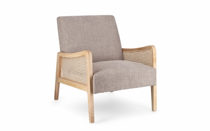 Beżowy fotel DEANNA – aksamitny welur z rattanem, drewniana rama i elegancja Bizzotto