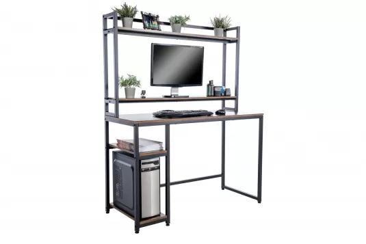 Biurko z nadstawką BILL w stylu loft czarne z blatem MDF ciemny braz