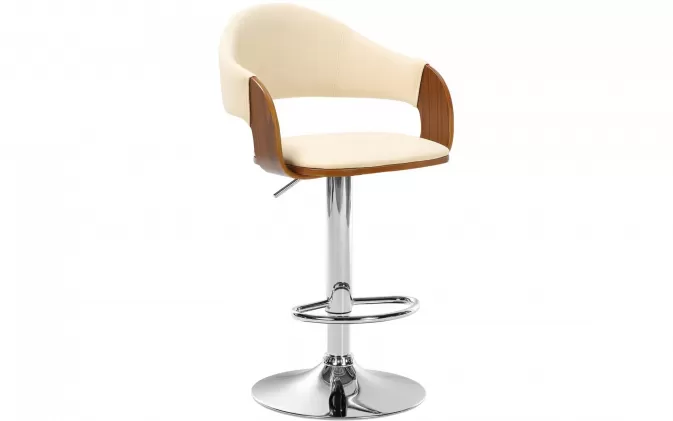Hoker barowy NIL siedzisko gięte drewno orzech / kremowa tapicerka ekoskóra / noga chrom