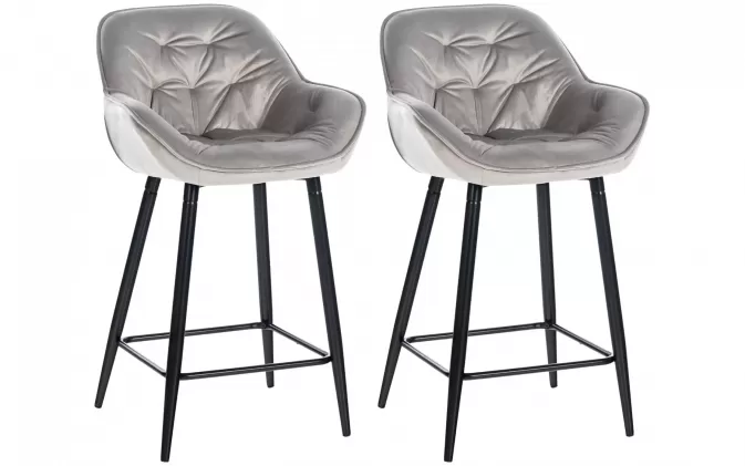 2x szary stołek barowy Gibs siedzisko z oparciem pikowane welurowe / nogi metalowe czarne