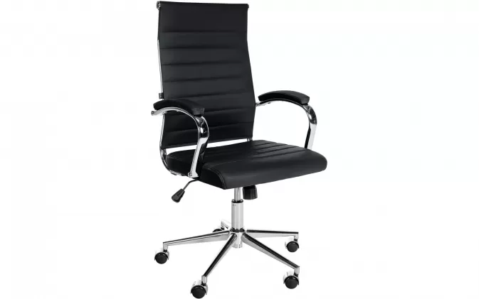 Czarny fotel biurowy szefa obrotowy MOLL siedzenie skóra naturalna noga kółka chrom