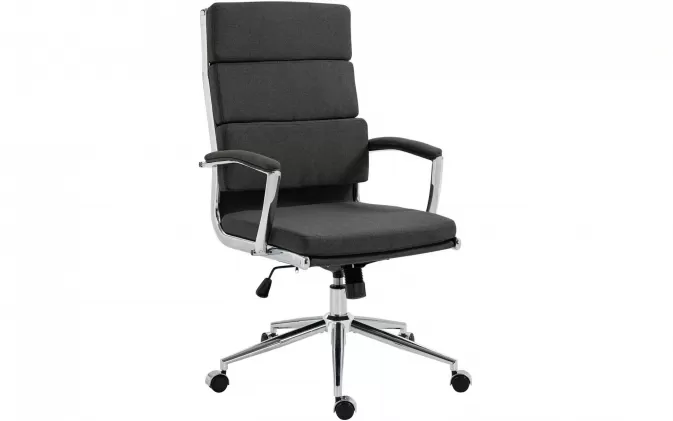 Grafitowy obrotowy fotel biurowy CLEV siedzisko materiałowe / kołyskowy podłokietniki / podstawa chrom