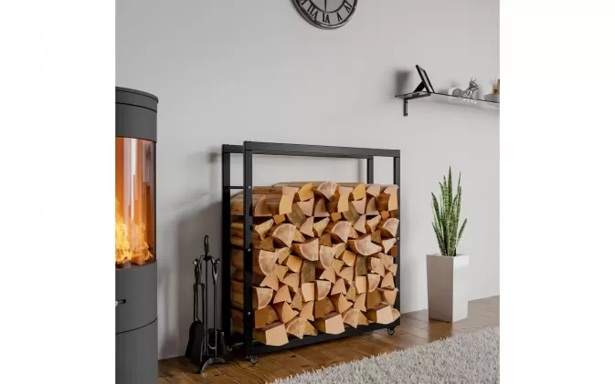 Stojak na kólkach na drewno kominkowe czarny stal KER 25x100x100 cm