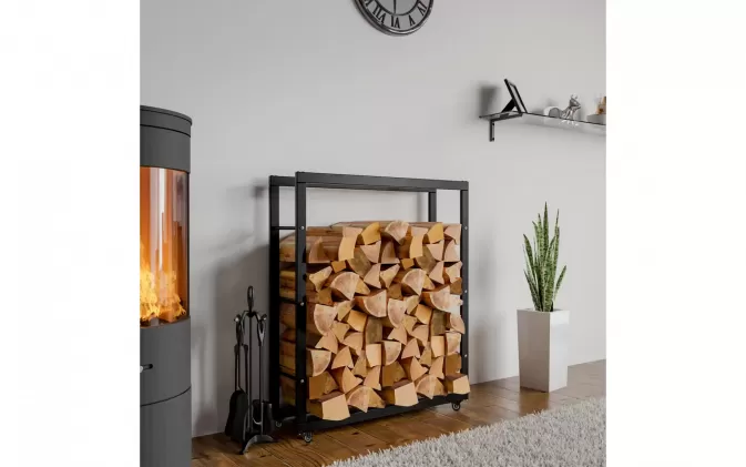 Stojak na kólkach na drewno kominkowe czarny stal KER 25x80x100 cm
