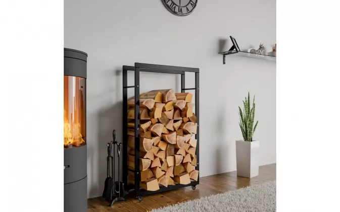 Stojak na kólkach na drewno kominkowe czarny stal KER 25x60x125 cm