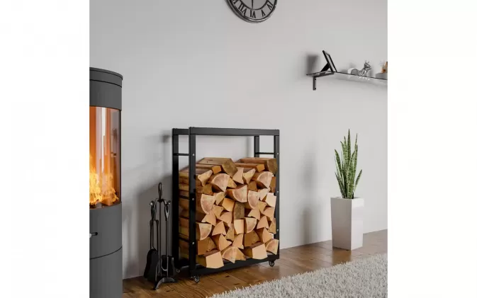 Stojak na kólkach na drewno kominkowe czarny stal KER 25x60x80 cm