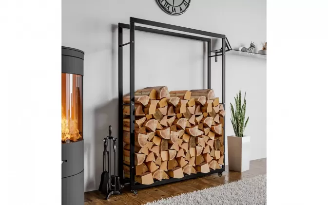 Stojak na kólkach na drewno kominkowe czarny stal KER 25x150x175 cm