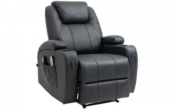 CZARNY fotel telwizyjny rozkładany HEP z masażem i ogrzewaniem tapicerka skóra naturalna