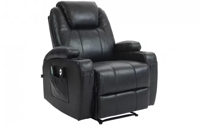CZARNY fotel telwizyjny rozkładany HEP z masażem i ogrzewaniem tapicerka ekoskóra