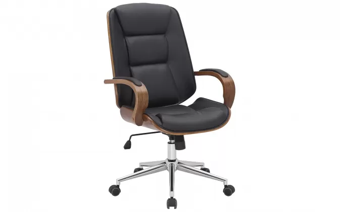 Fotel biurowy YANK gięte drewno orzech / tapicerka ekoskóra CZARNA / nogi chrom