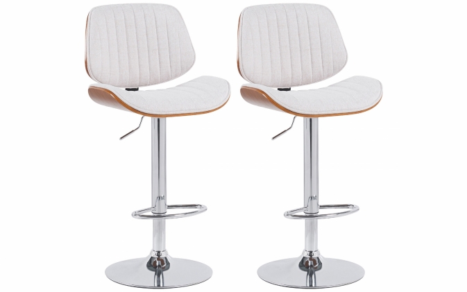 Zestaw 2 hokerów barowych CLAWSON gięte drewno ORZECH / tapicerowane materiał KREMOWY / noga chrom