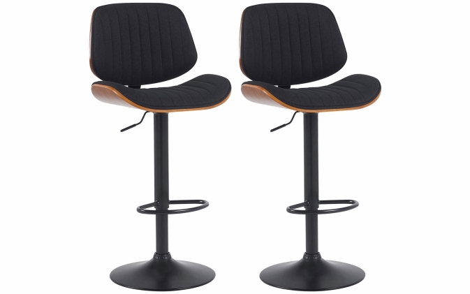 Zestaw 2 hokerów barowych CLAWSON gięte drewno ORZECH / tapicerowane materiał CZARNY / noga czarna