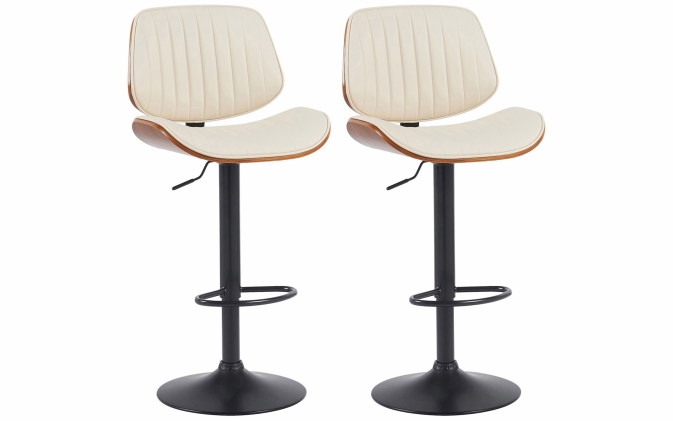 Zestaw 2 hokerów barowych CLAWSON gięte drewno ORZECH / tapicerowane ekoskóra KREMOWA  / noga czarna