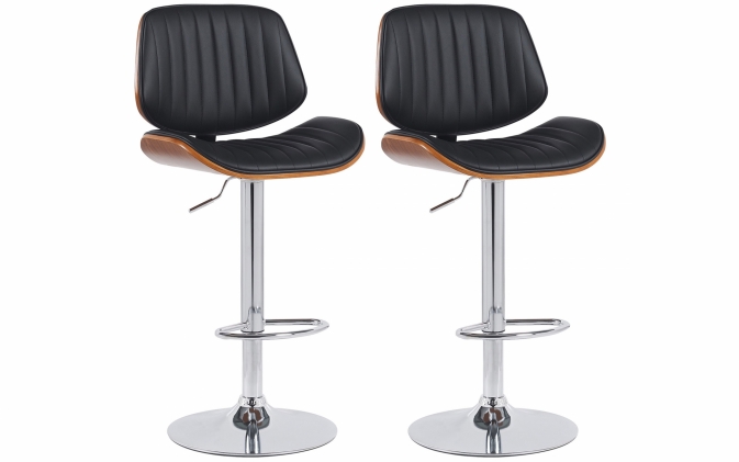 Zestaw 2 hokerów barowych CLAWSON gięte drewno ORZECH / tapicerowane Ekoskóra CZARNA / noga chrom