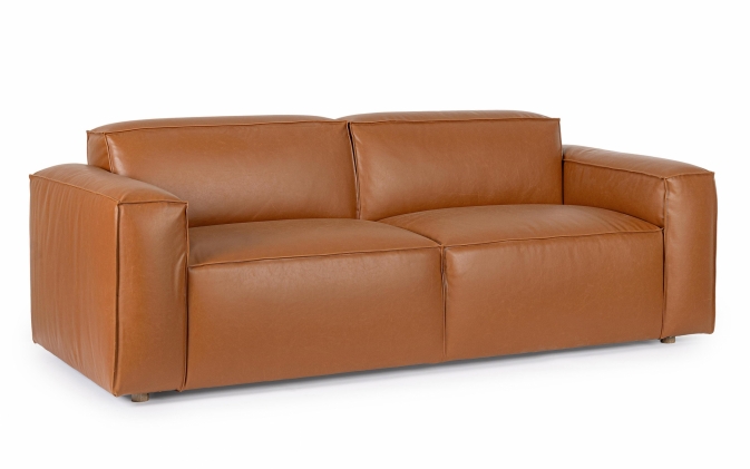 Jasnobrązowa sofa JOSEPH 3-osobowa Bizzotto – nowoczesny styl, drewno jesionowe, tapicerka ze sztucznej skóry