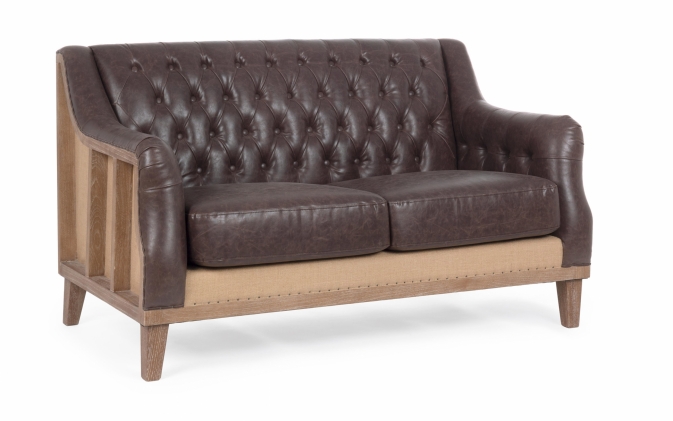 Ciemnobrązowa sofa RAYMOND 2-osobowa Bizzotto – elegancka tapicerka, drewno jesionowe, styl vintage