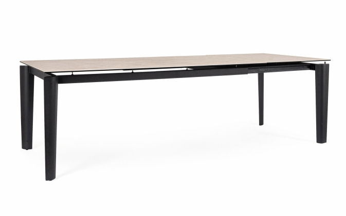 Stół ASIRI EXT rozkładany 180/250×100 – blat beżowy efekt trawertynu / nogi czarny