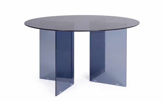 Niebieski stół okragły IRIDE Ø130 – szklany blat hartowany, nogi szklane, design nowoczesny