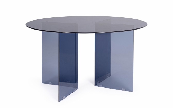 Niebieski stół okragły IRIDE Ø130 – szklany blat hartowany, nogi szklane, design nowoczesny