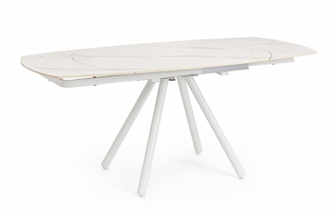 Biały elegancki stół obiadowy z blatem w efekcie marmuru RAITA ALU 119/178×89