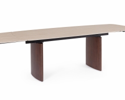 Ekskluzywny stół rozkładany z blatem ceramicznym MAILIS ALU 180/260×90, nogi orzech / blat trawertyn