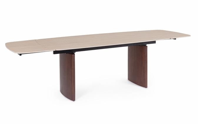 Ekskluzywny stół rozkładany z blatem ceramicznym MAILIS ALU 180/260×90, nogi orzech / blat trawertyn