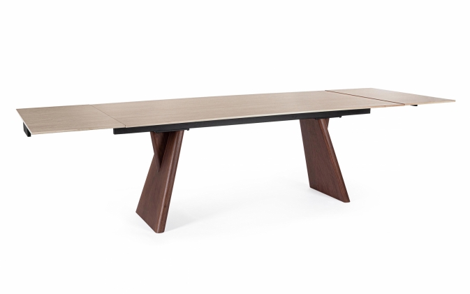 Ekskluzywny stół rozkładany z ceramicznym blatem efekt trawertynu MAIKKI EXT 200/300×100, orzechowy fornir