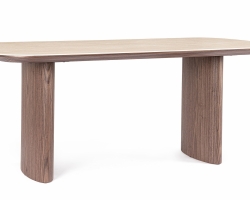 Elegancki stół prostokątny z blatem z kamienia spiekanego EZEKIEL 180×90, nogi w fornirze orzechowym