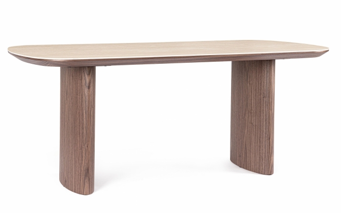 Elegancki stół prostokątny z blatem z kamienia spiekanego EZEKIEL 180×90, nogi w fornirze orzechowym