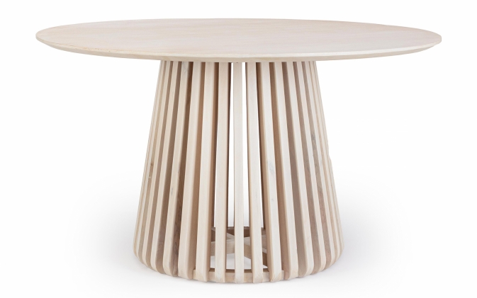 Elegancki stół okrągły ODION Ø130 BEŻOWY , rama z mango, wykończenie nitrocelulozowe