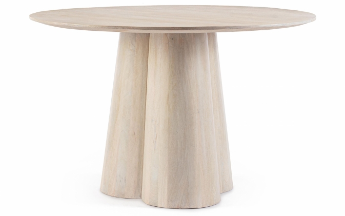 Jasnobeżowy rustykalny stół okrągły NASSOR Ø120 z drewna mango w naturalnym wykończeniu