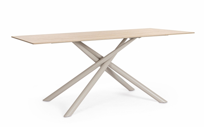 Beżowy elegancki stół ceramiczny ARJITA 180×90 z blatem z gresu ceramicznego o efekcie kamienia i stalową podstawą