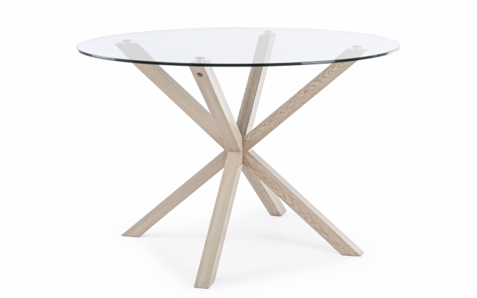 Stylowy stół okrągły MAY Ø114 ze szklanym blatem i nogami w wykończeniu drewnianym